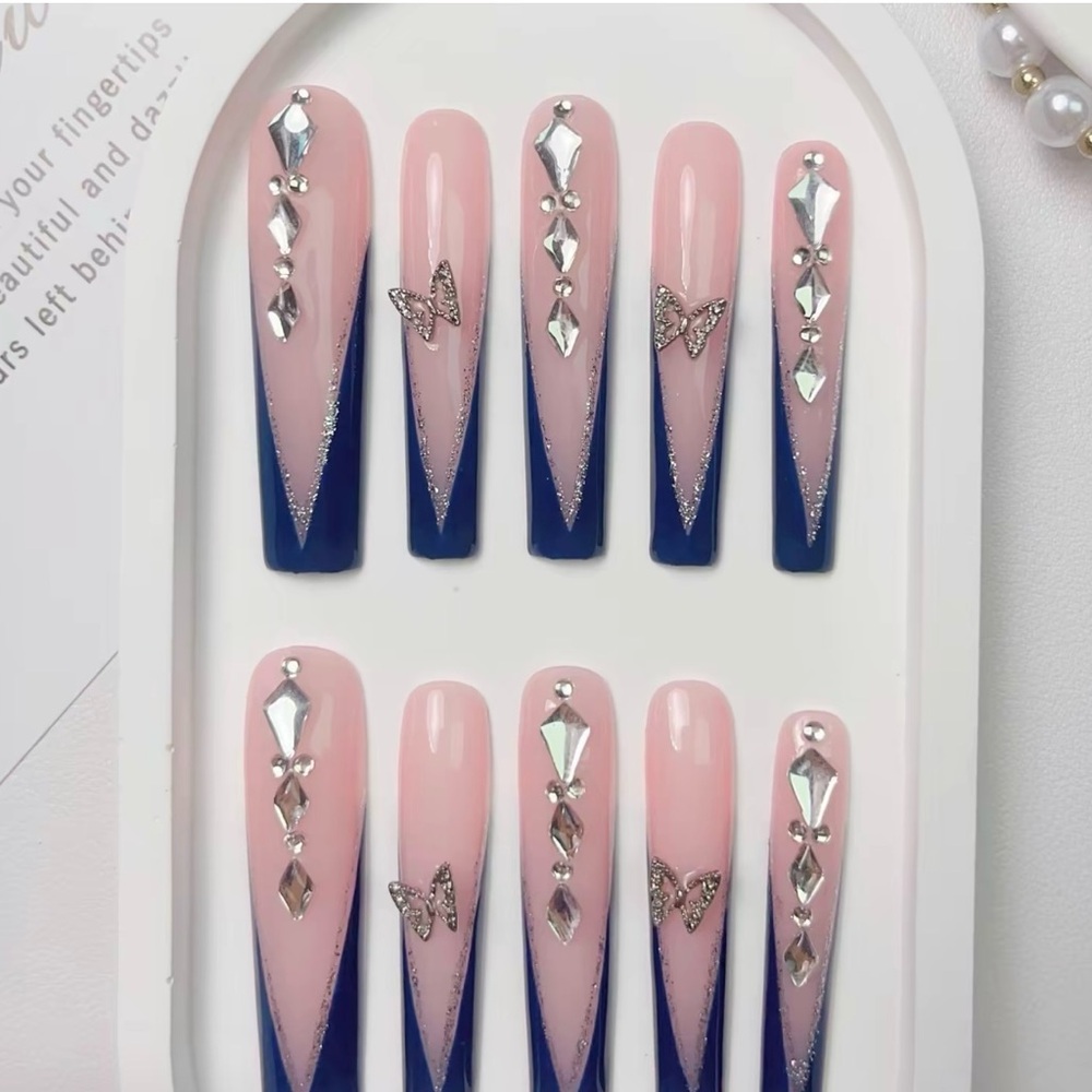 Luxury Press On Nails with Rhinestones - Pink and Blue